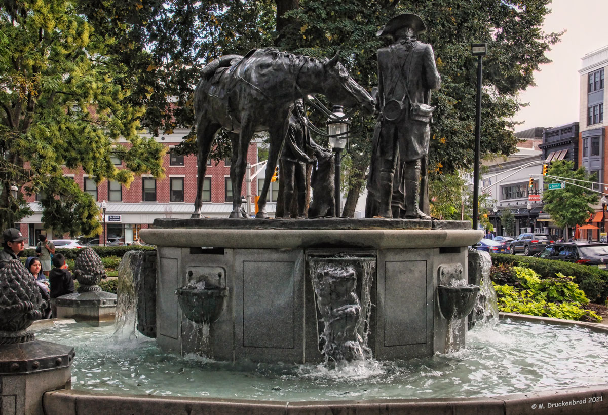 Historic fountain and statues on the Morristown Green in downtown Morristown, New Jersey.